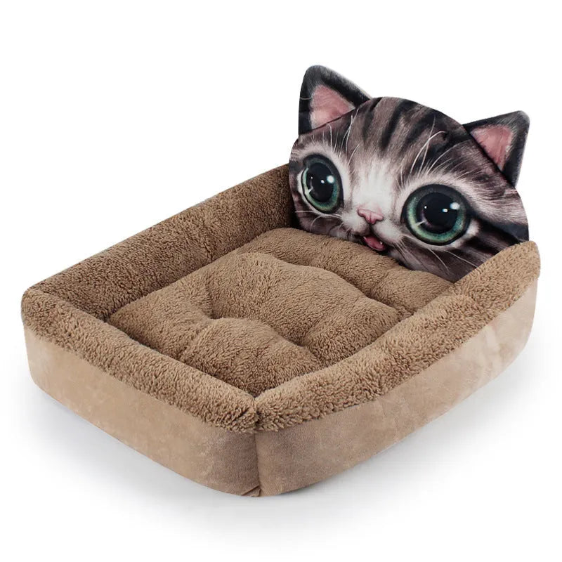 Warm plush pet kennel mat with dog head style, small size 40x50cm, on a wooden floor