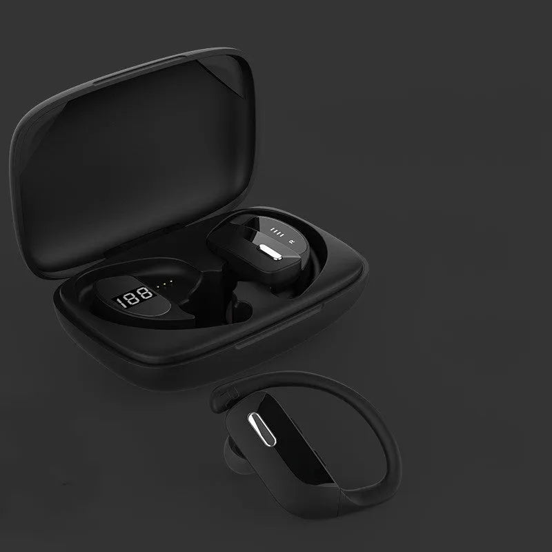 Black wireless Bluetooth headset with LED digital display on a hanging ear hook.