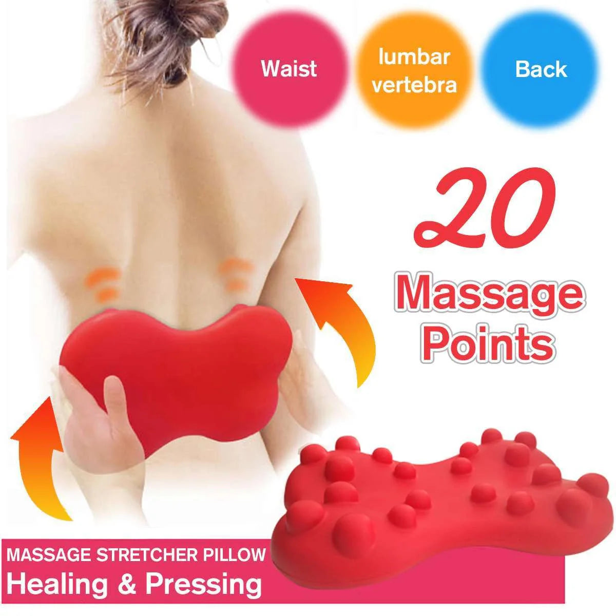 Relax Back Massager Pillow for spine pain relief, red polyurethane, 330x240x70mm