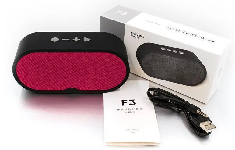 F3 model Bluetooth wireless speaker with subwoofer in plastic housing, shown in grey, red, black or blue.