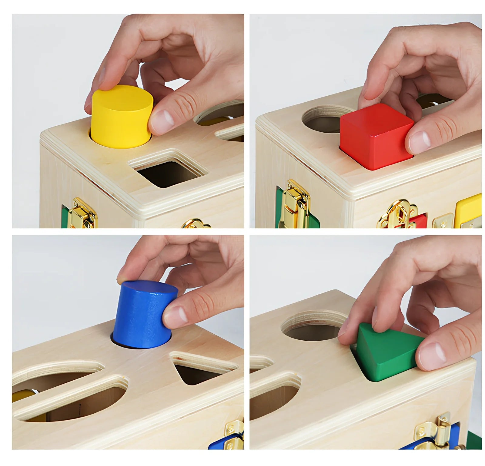 Wooden educational shape sorting box with 12 geometric pieces for preschool children