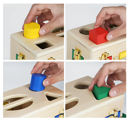 Wooden educational shape sorting box with 12 geometric pieces for preschool children