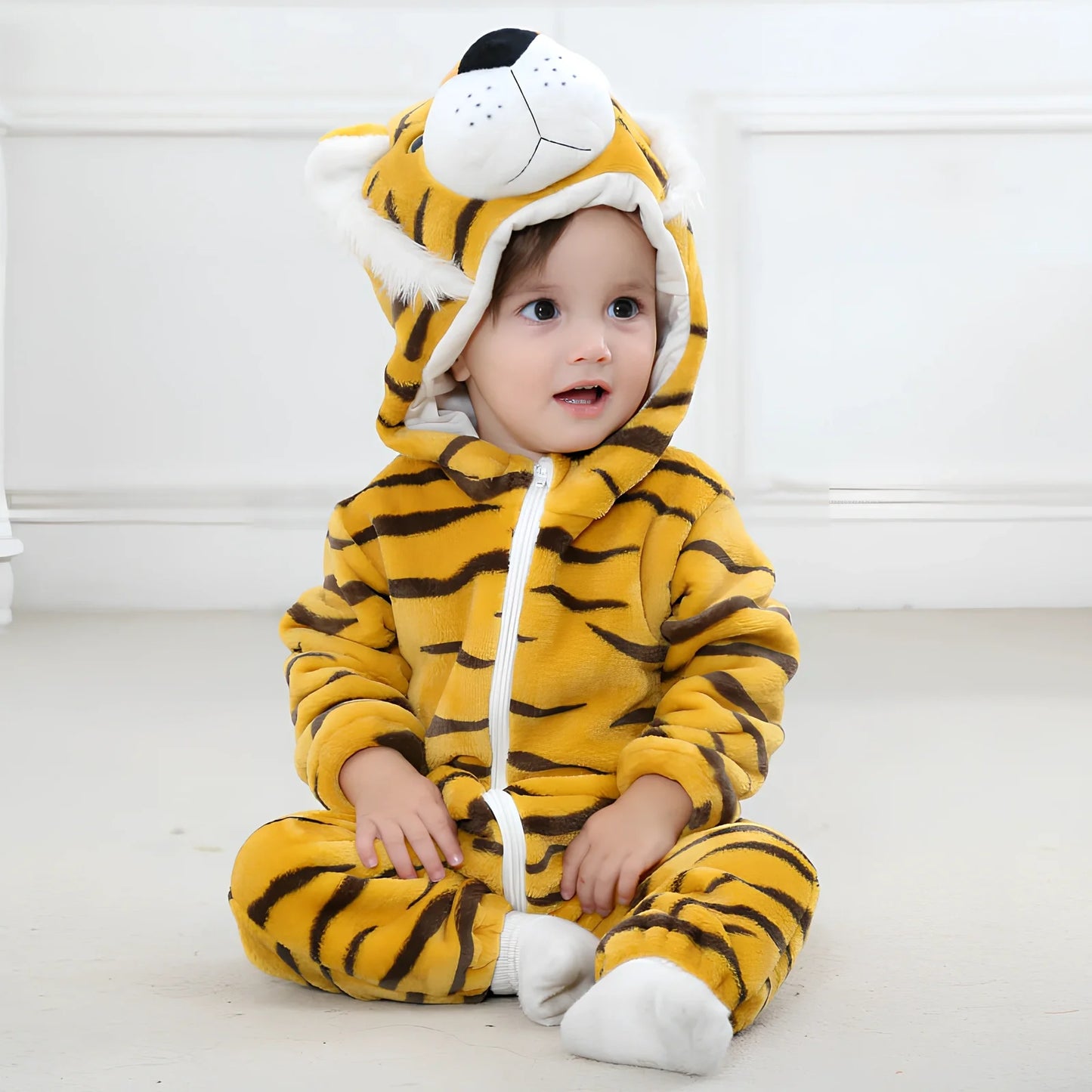 Cotton flannel baby romper with animal print design for winter wear, showing reinforced stitching and soft fabric texture