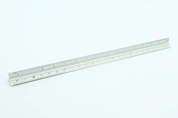 30cm silver metal architect technical triangle ruler on white background