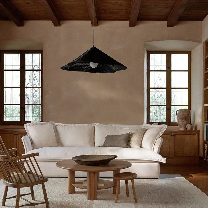 Silent Style rattan woven ceiling lamp in natural colour, shown in a zen-inspired room setting.