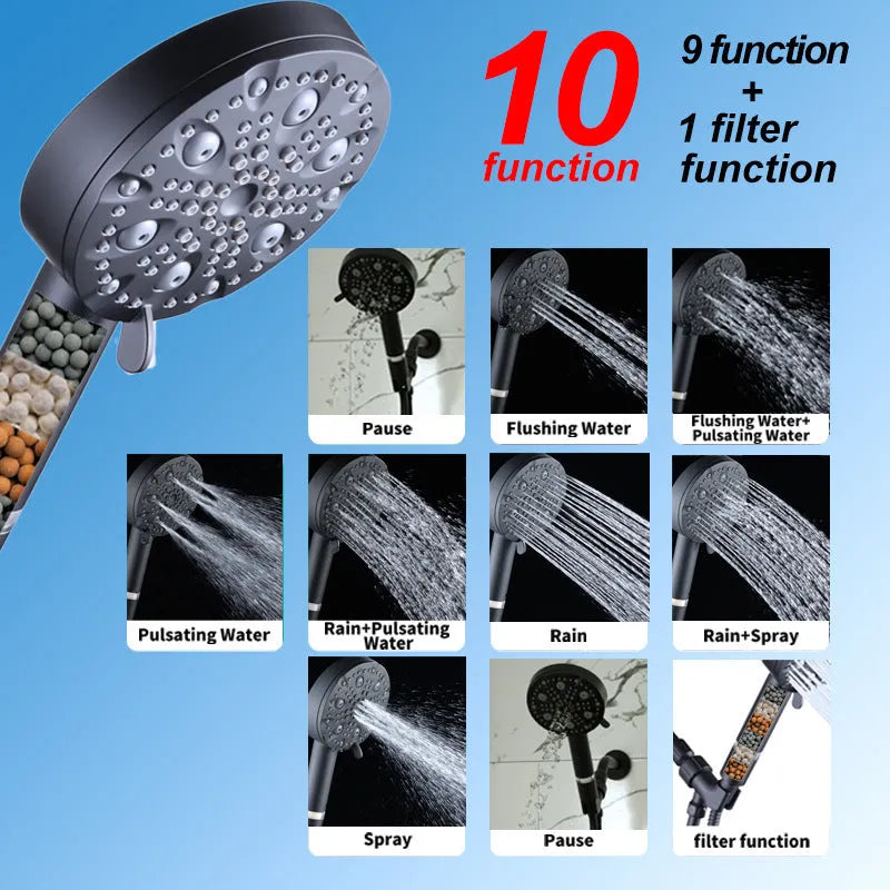 Portable Multifunctional Hand-held Shower Head Set With Filter Carbon Point PP Cotton Dark Matte ABS Construction Spray Massage Beauty Bubble Rainproof Functions