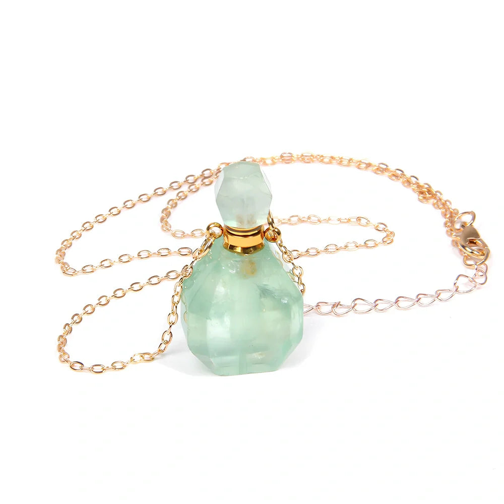 Crystal perfume bottle pendant necklace with tiger eye cap on 45 cm silver chain, 4 cm size in FI0636 colour variant