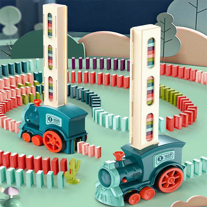 Automatic domino licensing electric train set for infants with wooden dominoes