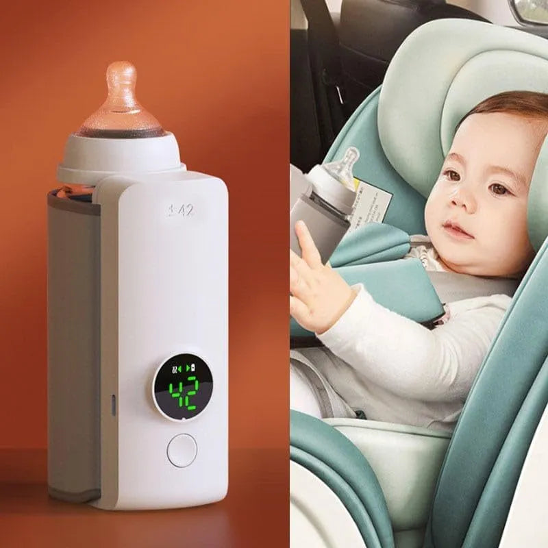 Portable USB-charged baby bottle warmer showing wrap-around design for universal bottle fitting