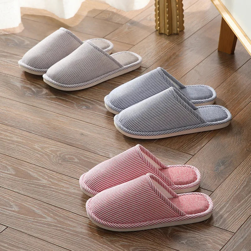 Household stripes non-slip cotton slippers with PVC sole, wine red colour, round toe, half-covered heel