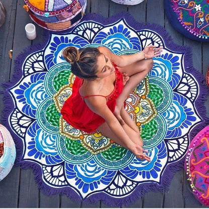 Retro ethnic tassel round bath towel yoga mat with sunshade function