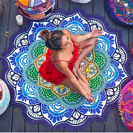 Retro ethnic tassel round bath towel yoga mat with sunshade function