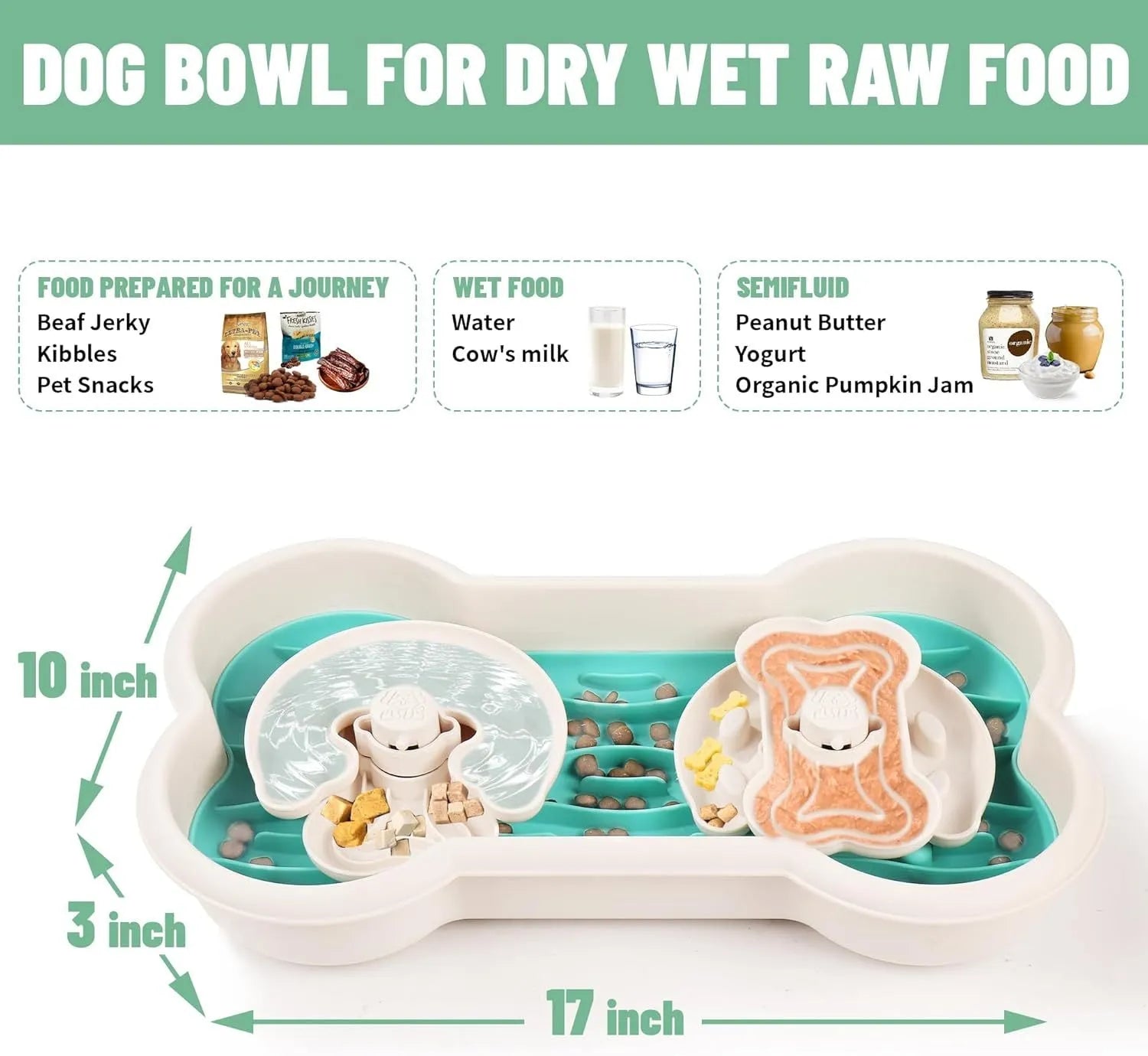Large green slow feeder dog bowl with three rotating puzzle trays and anti-slip suction cups on base.