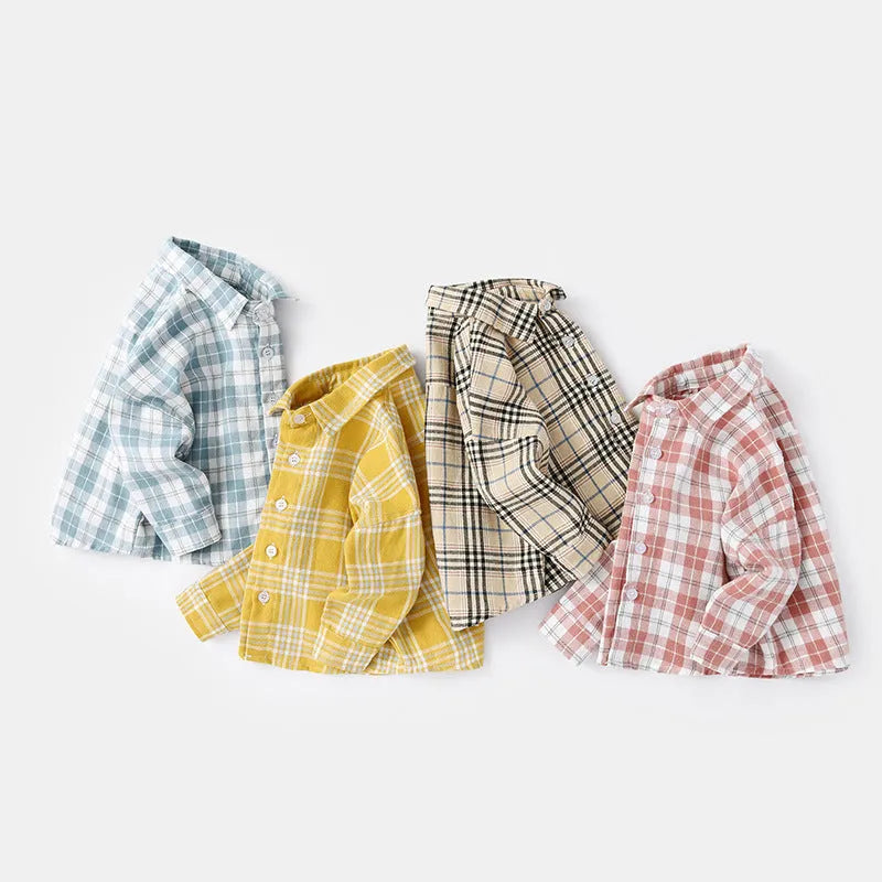 Boys long sleeve cotton shirt with lattice pattern in khaki, light blue, pink, and yellow colours.