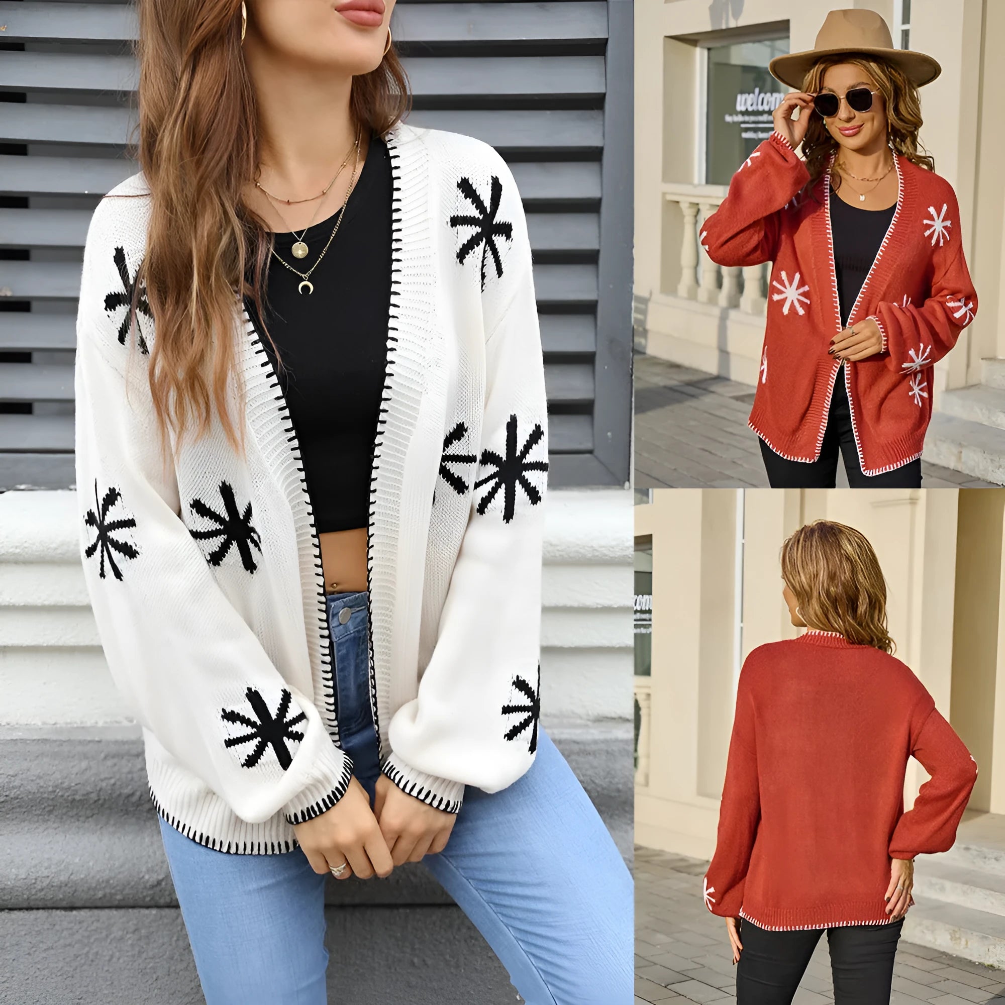 Plus size beige knitted coat with jacquard flower pattern, loose fit, cardigan style.
