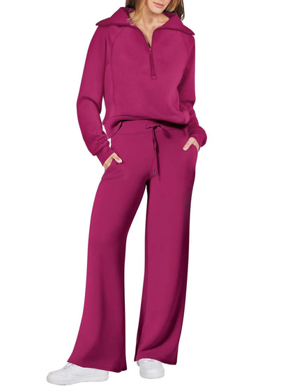 Women's leisure sports suit with long-sleeve zipper sweatshirt and wide leg pants in various colours