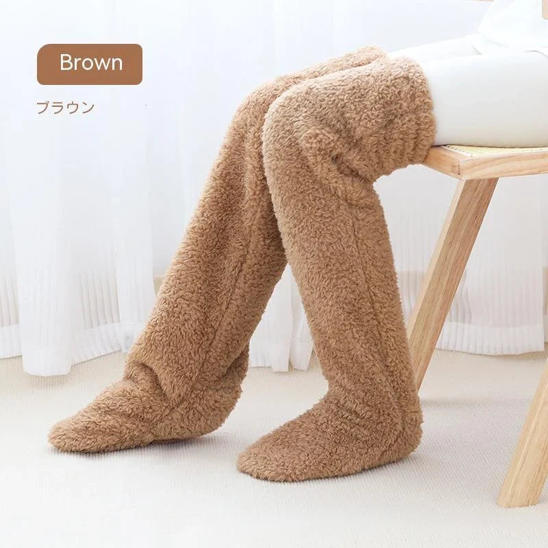 Over knee high fuzzy long socks in various colors for winter warmth