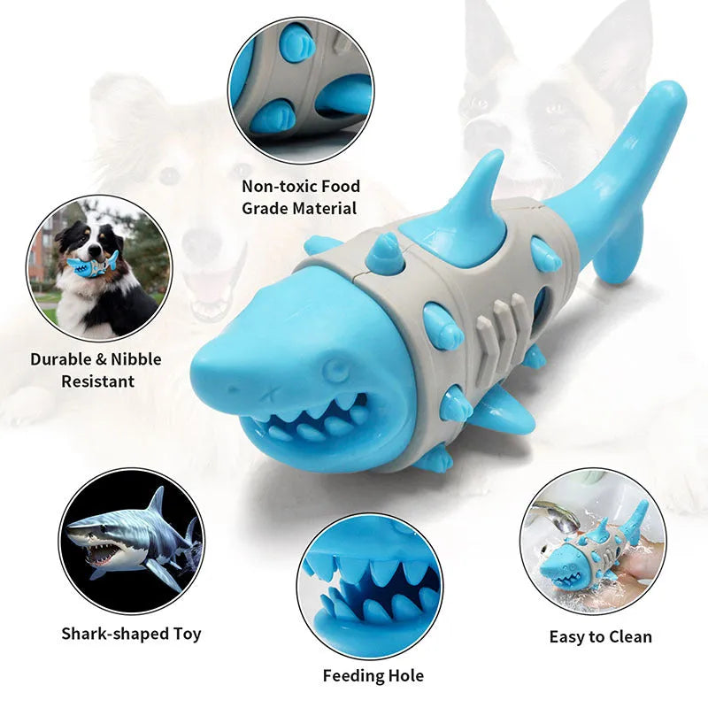 Blue dog teething toy with shark-tooth textured surface and visible air vents for bite-resistant chewing