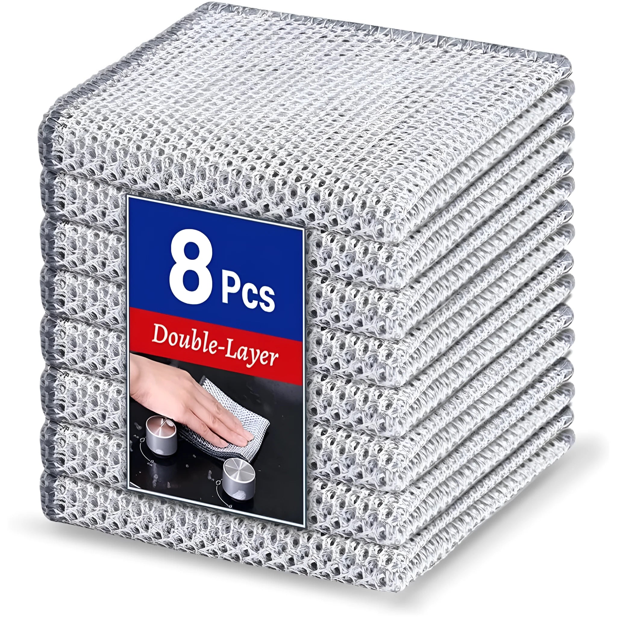 Silver wire and coloured microfiber kitchen cleaning cloths in 20x20cm and 25x25cm sizes for scrubbing pots.