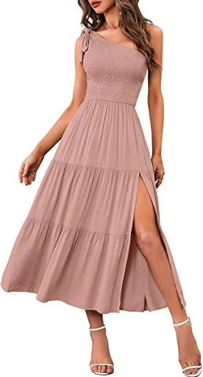 One-shoulder pleated dress with leg-revealing side slits in various colors