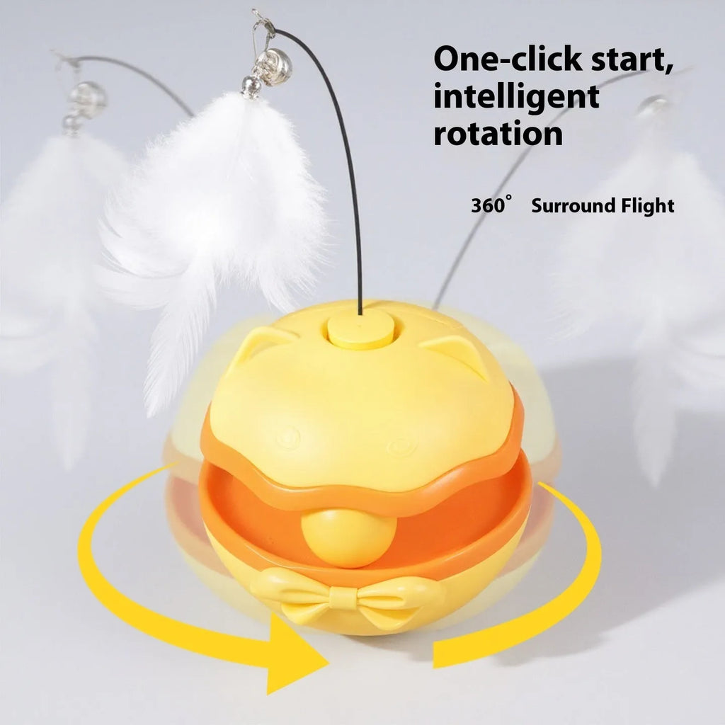 Electric self-rolling cat teaser toy in lemon yellow on a plain background.