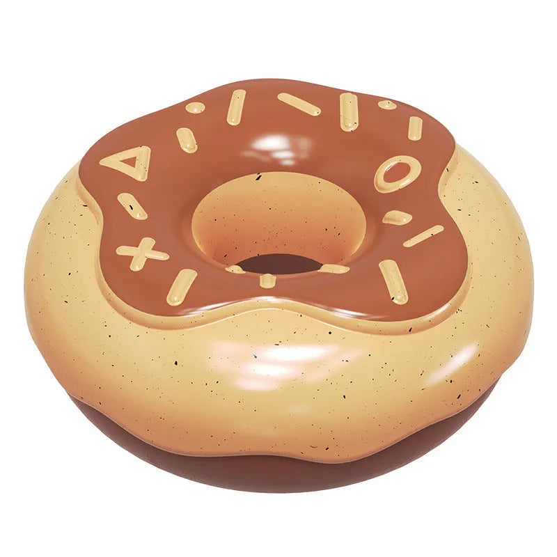 Pink, yellow, and chocolate coloured donut-shaped dog chew toy with textured surface for dental cleaning.