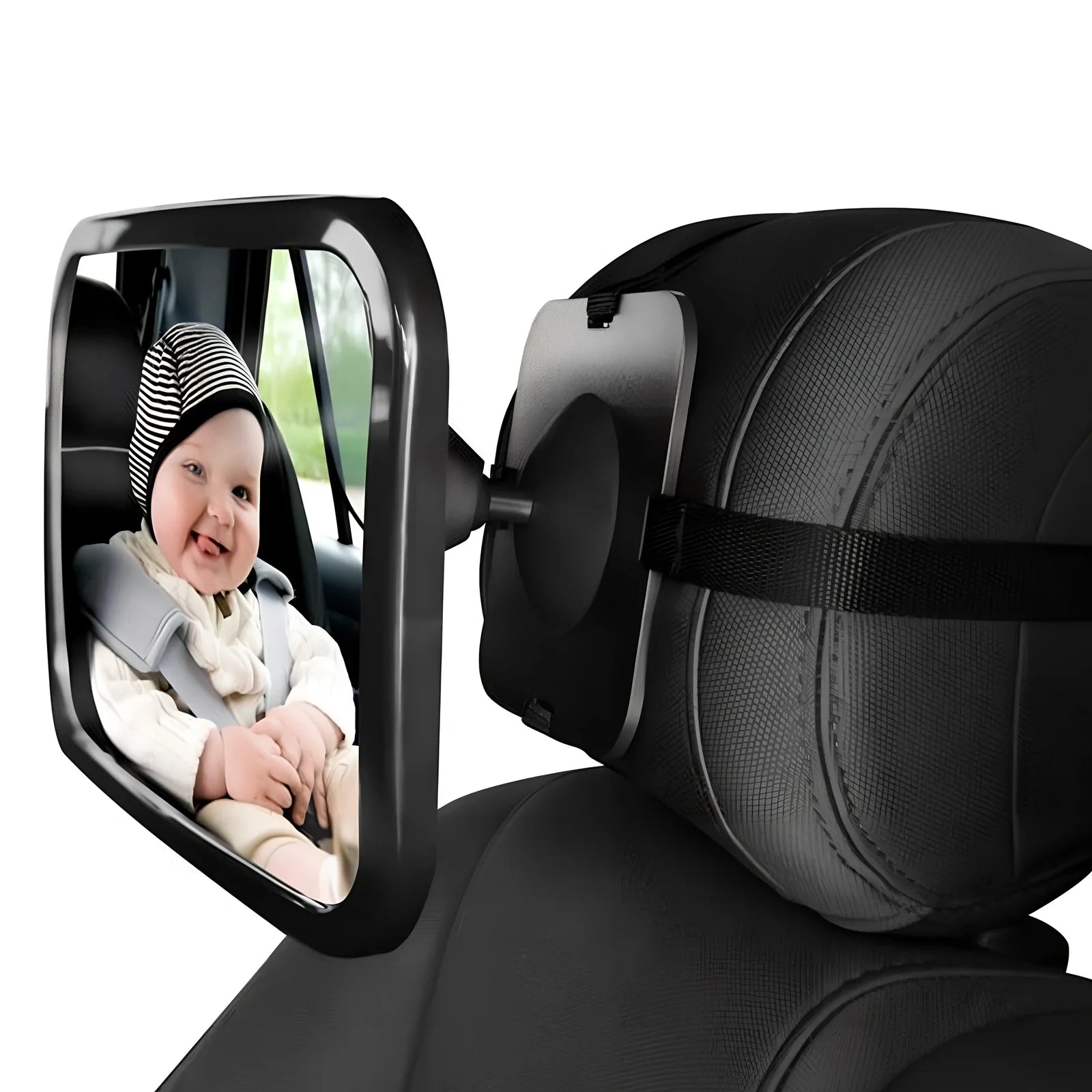 Black adjustable baby car rear view mirror, 26.5 cm long, mounted on headrest for clear rear seat visibility