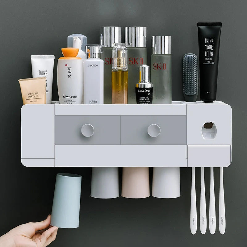 Wall-mounted magnetic toothbrush rack with automatic toothpaste dispenser in white plastic