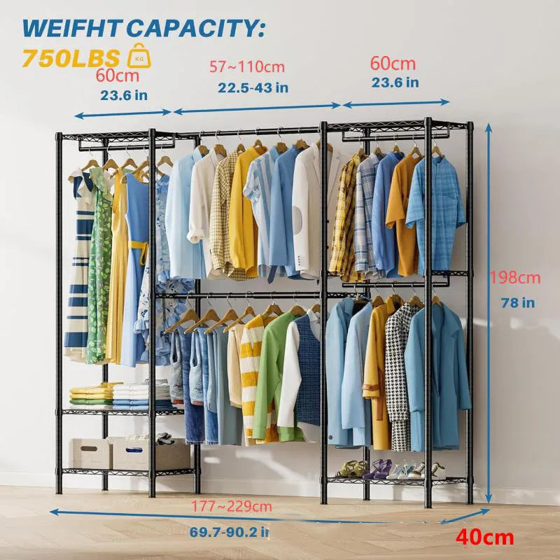 Black metal clothing storage rack measuring 175cm high with hangers and trousers organised
