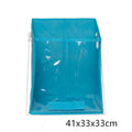 Blue folding storage basket with clear front panel shown on a shelf, folded flat and in use.