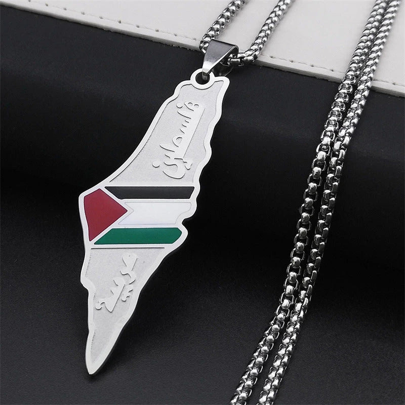 Stainless steel pendant necklace featuring the detailed map of Palestine and Israel in a gold or silver finish