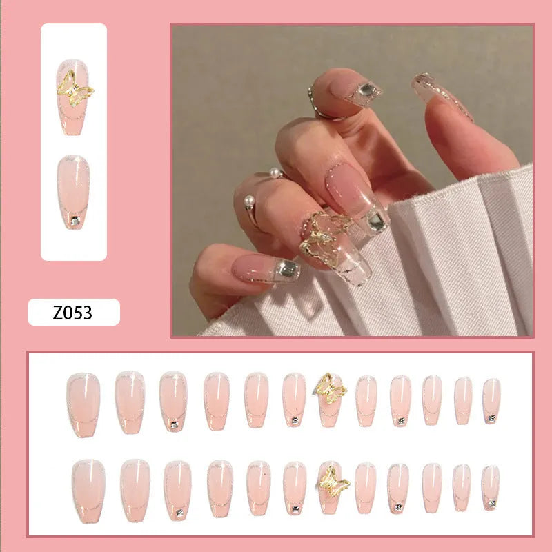 Crystal Butterfly fake nails set with 24 pieces and glue tube, plain pattern finished wear