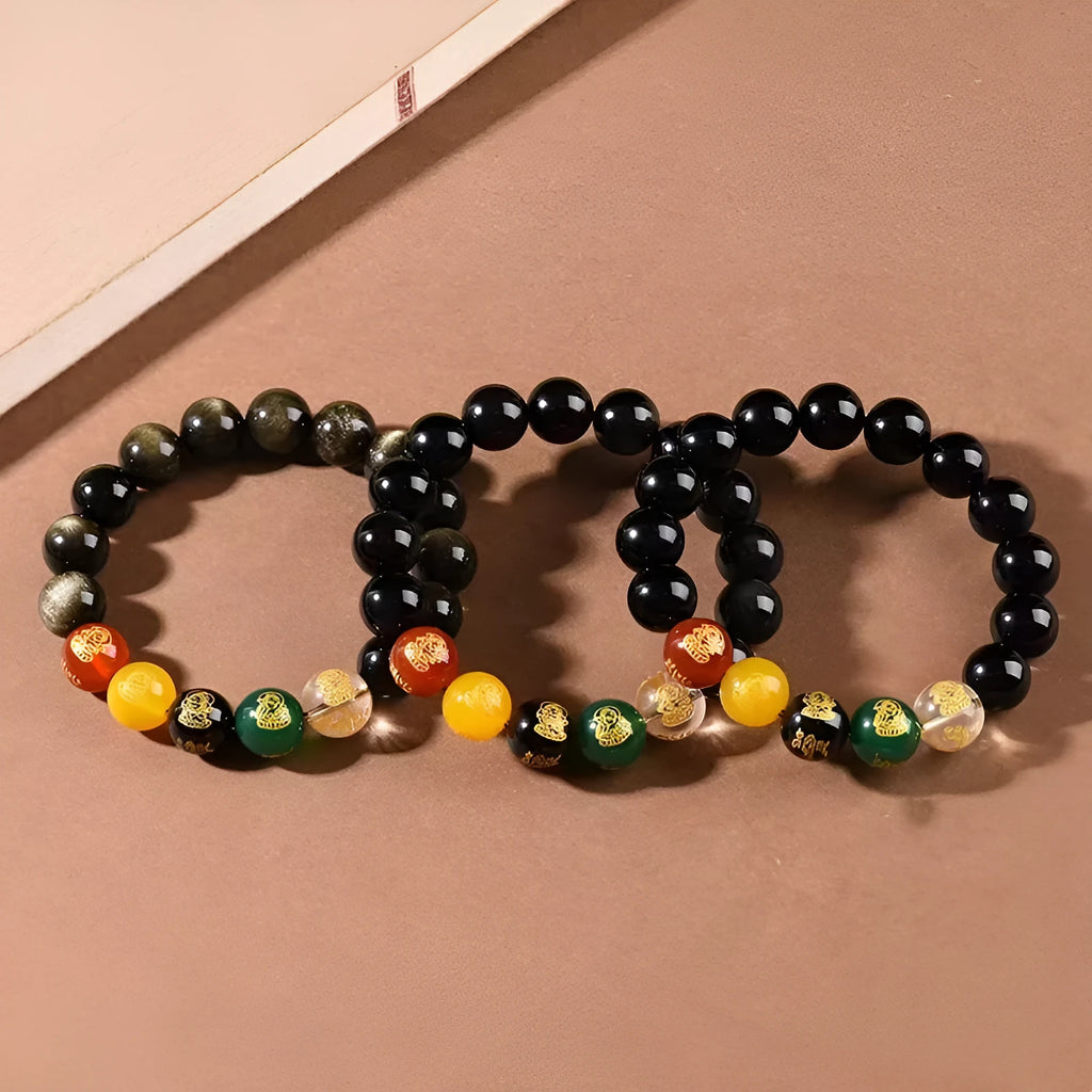Single Circle Five Gods of Wealth mens bracelet in Rainbow Eye Obsidian crystal with 10mm beads.