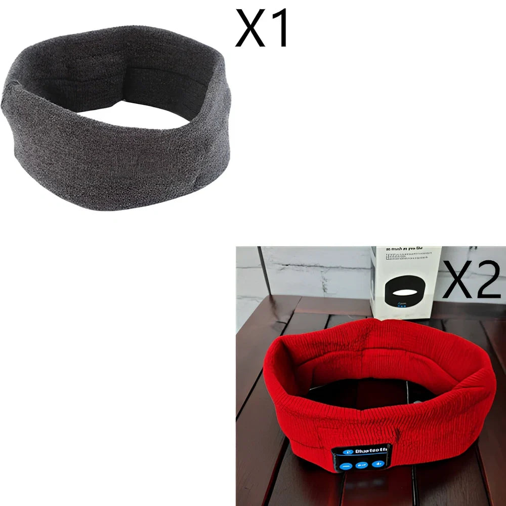 Black Bluetooth sports headband with integrated audio controls and 110mAh battery for workouts