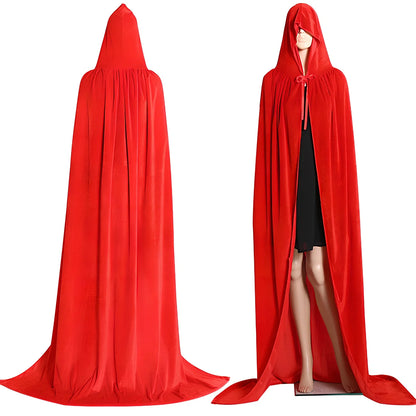 Golden velvet Halloween cloak in purple, 130 cm length with 48 cm hood and neck tie for wizard cosplay