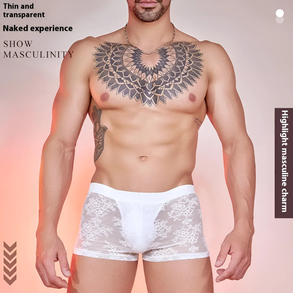 Men's black nylon boxers with white lace detailing on a free size hanger.