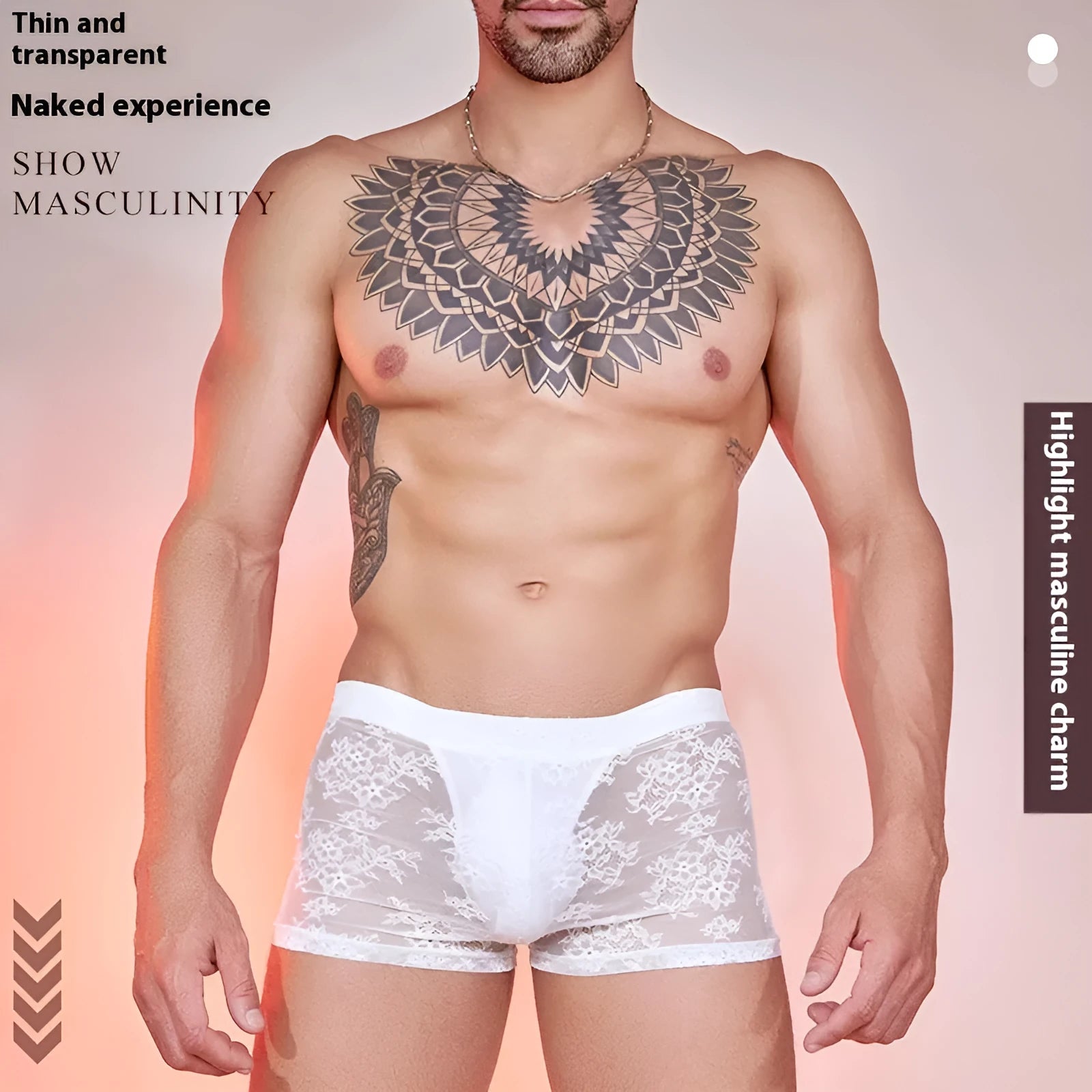 Men's black nylon boxers with white lace detailing on a free size hanger.