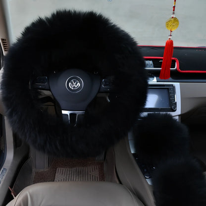 Three-piece wool steering wheel cover showing universal 38cm diameter fit with wool-cashmere blend material