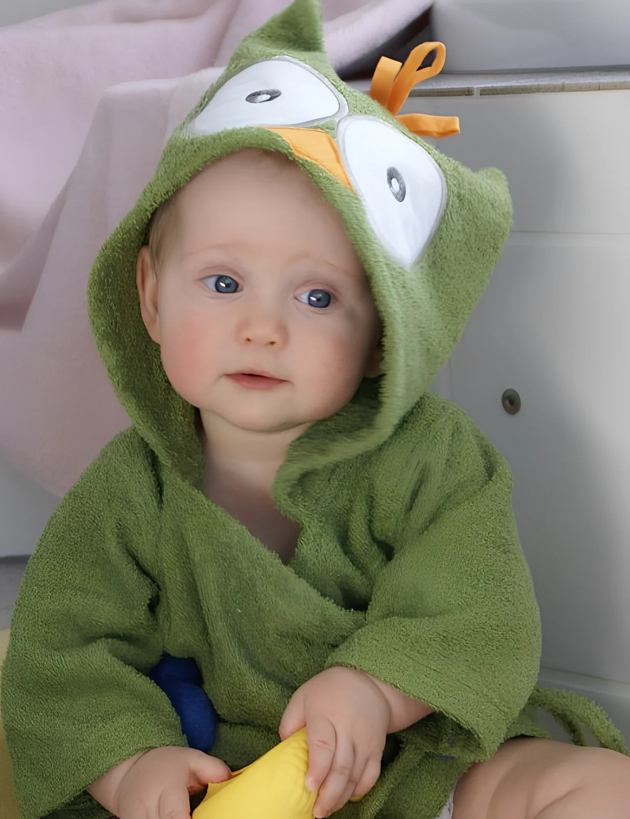 Cotton baby bathrobe with animal hood showing panda design, belt fastening, and absorbent fabric