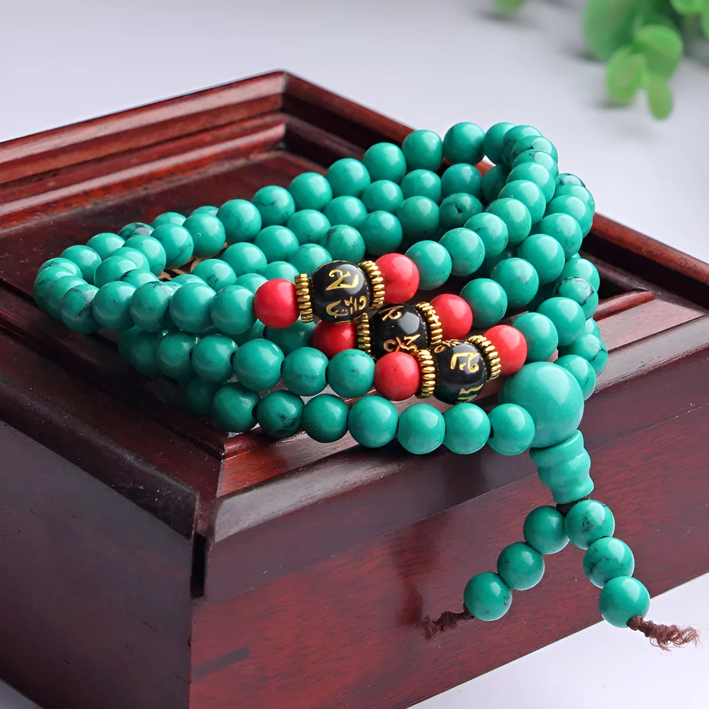 Tibetan turquoise bracelet with 108 polished synthetic stone powder beads in 6mm or 8mm sizes