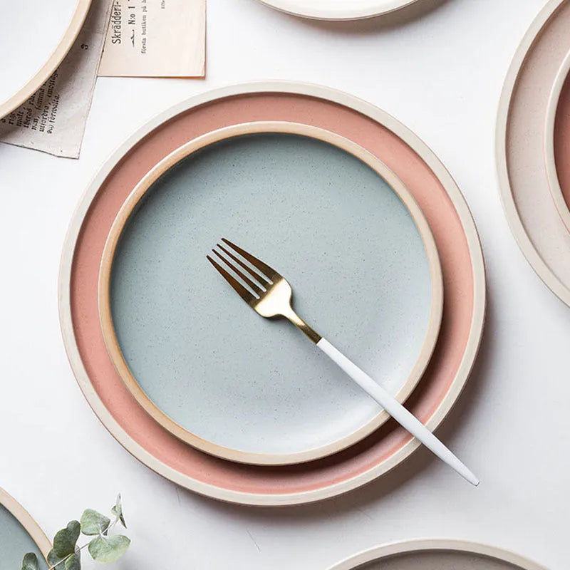 10-inch blue matte ceramic dinner plate with sesame point glaze finish