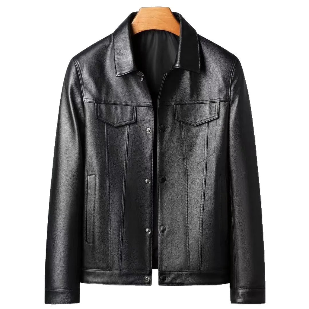 Men's black cowhide leather jacket with polo collar, polyester lining, sizes L to 5XL, front view