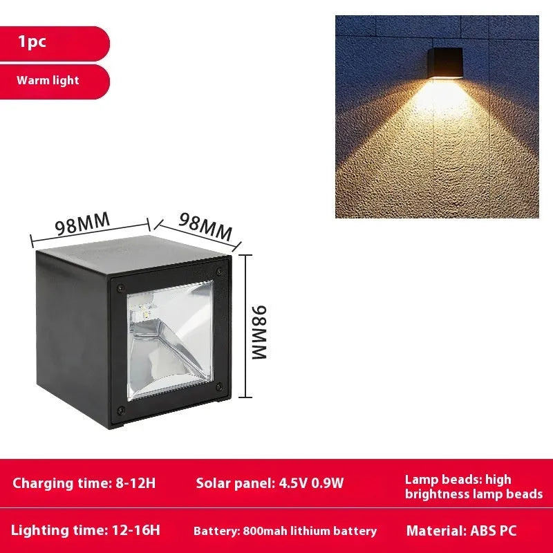 Solar outdoor wall lamp with warm light, IPX4 waterproof, ABS shell, available in 80x80mm or 98x98mm