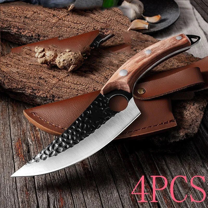 Butcher knife set with small scimitar skinning boning knife and leather sheath