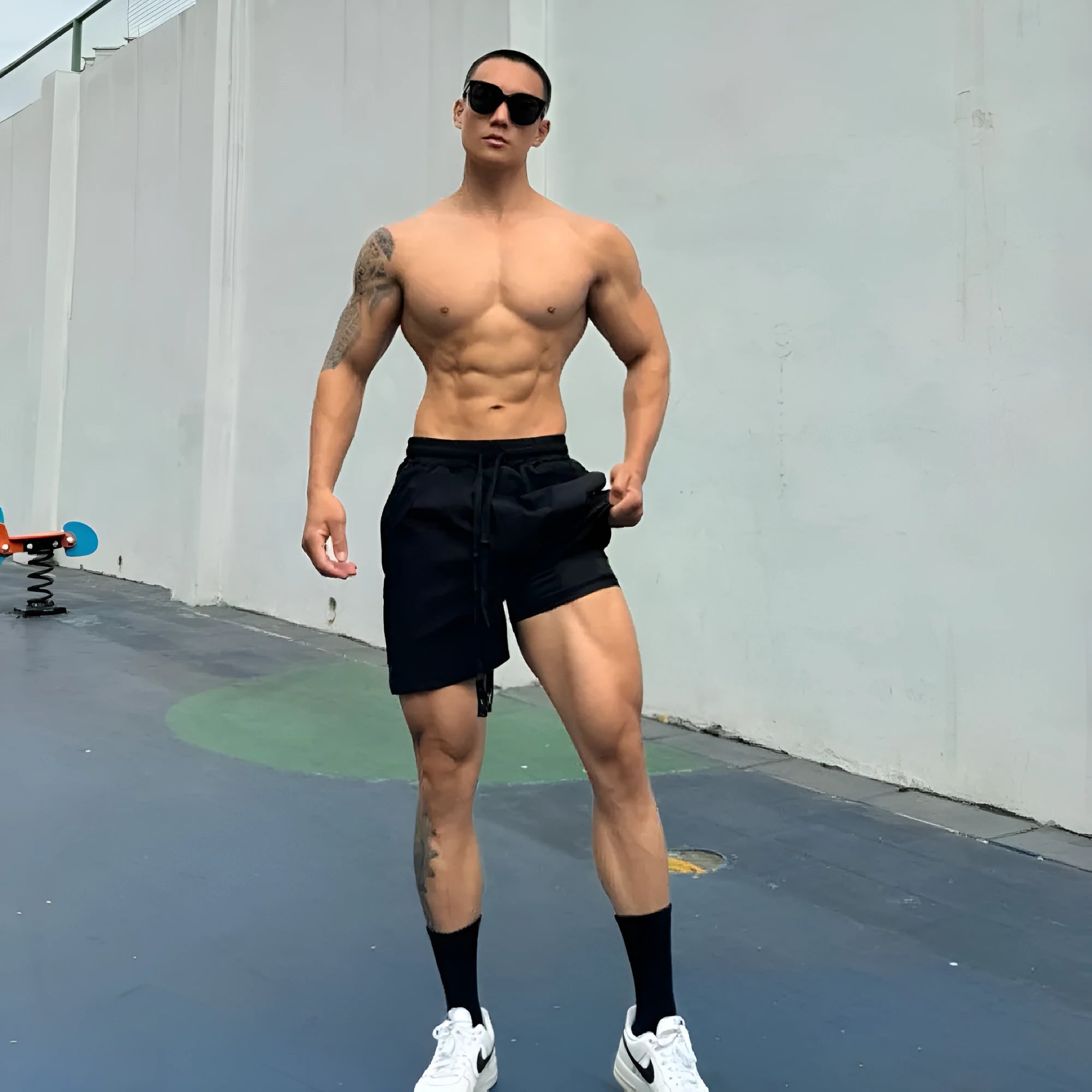 Men's double-layer casual shorts in nylon Ice Silk fabric on a mannequin, showing the lightweight fit.