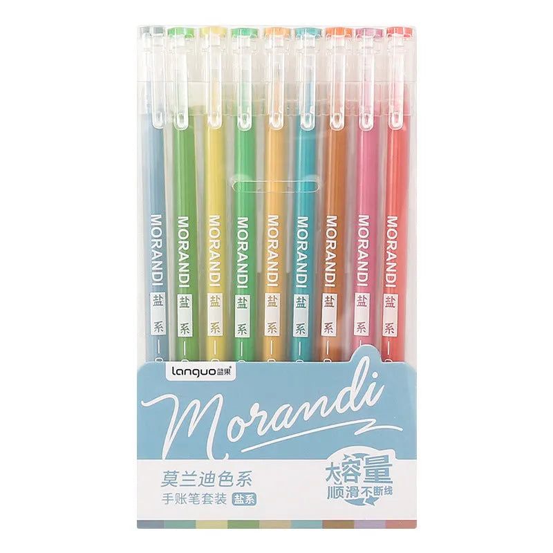 Set of nine 0.5mm needle-tip gel pens in a plastic storage case with Nordic, retro, salt, or sweet style colours.