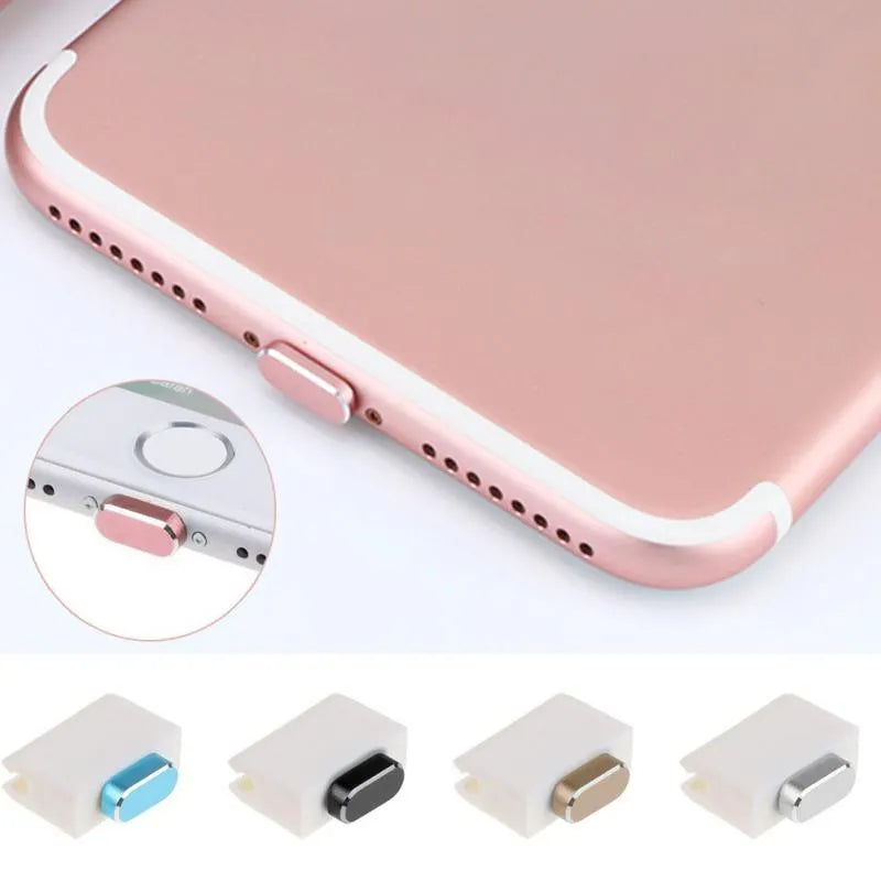 Aluminium alloy iPhone charging port dust plug in silver, shown next to an iPhone.