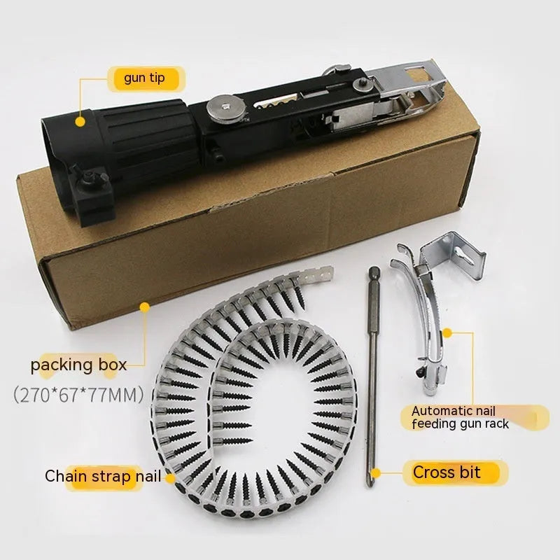 Chain screw gun head set with metal gun head, chain band D, cross head, and gun rack for automatic nail guns