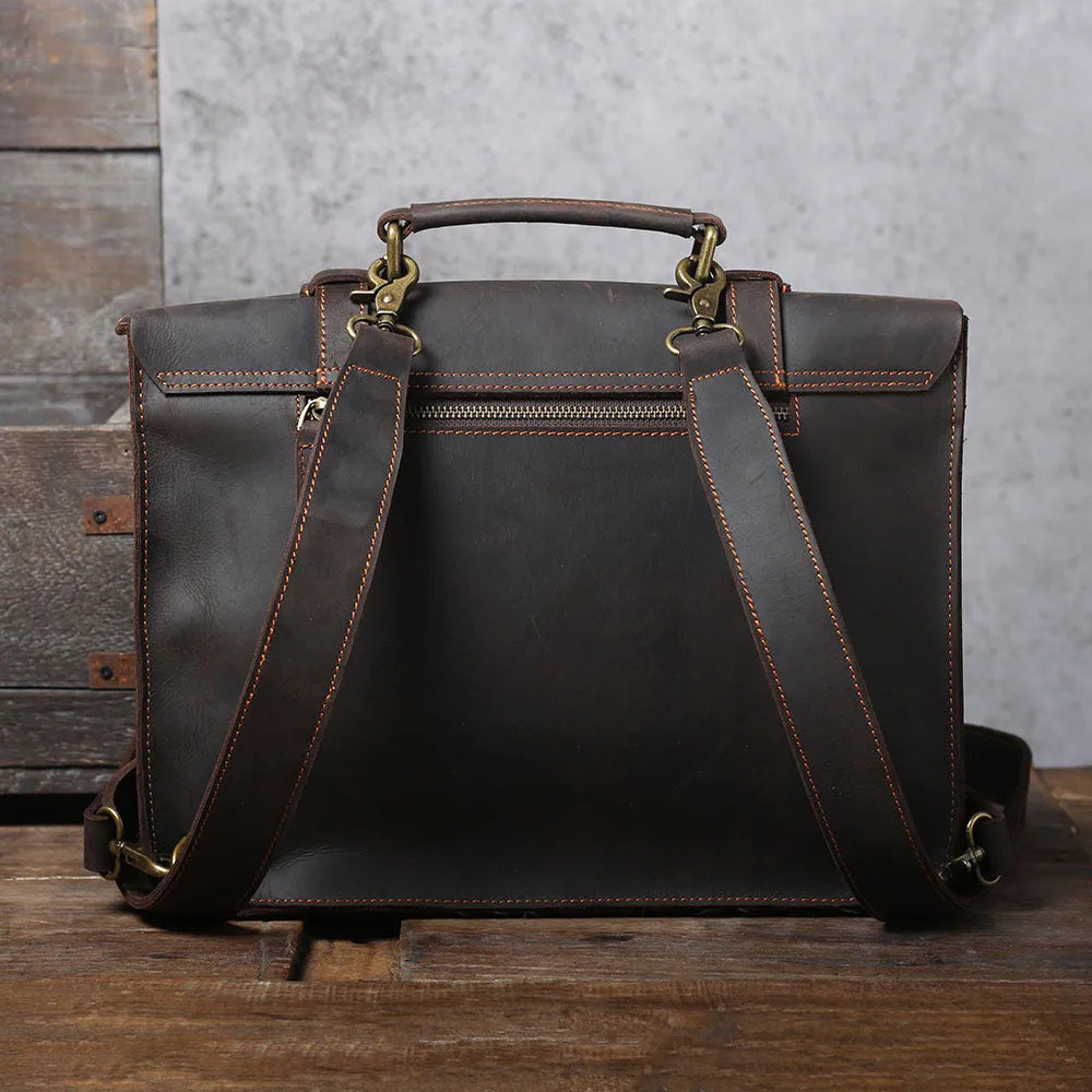 Coffee colour first layer cowhide leather backpack briefcase with double straps and zipper closure