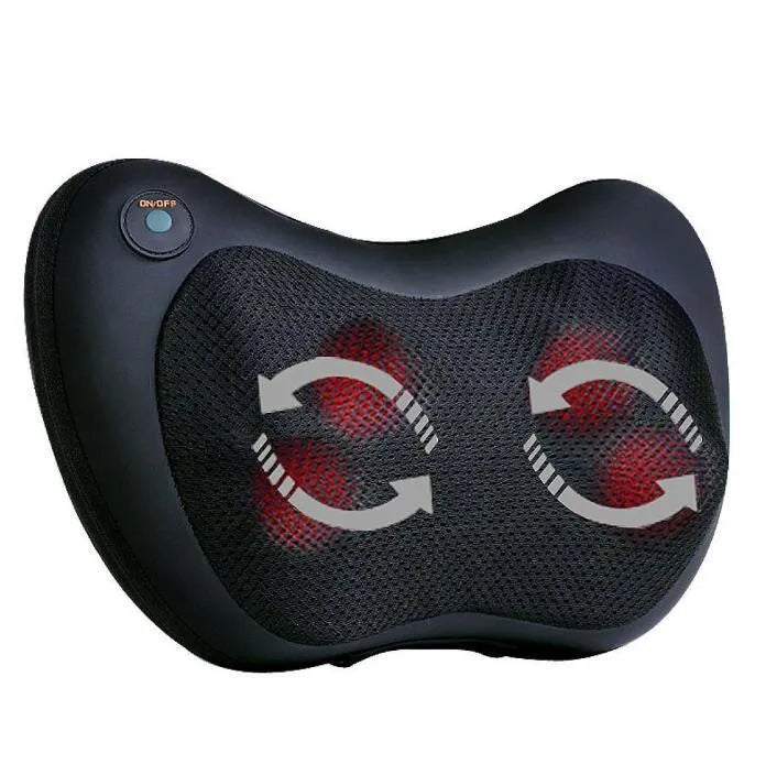 Electric infrared heating kneading massage pillow in black PU leather with shiatsu massage heads and car strap